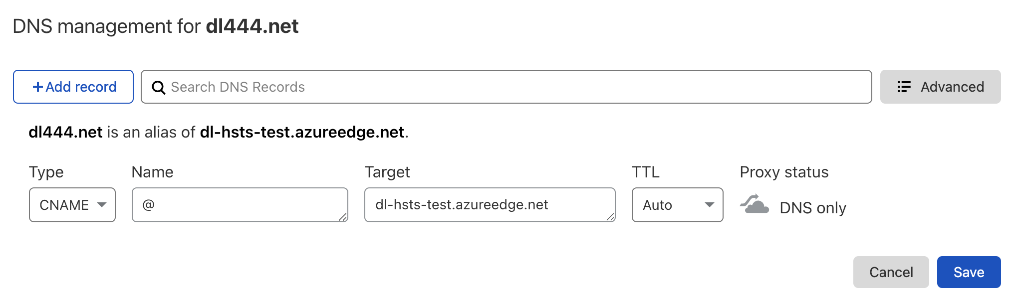 为域名 Apex 创建指向 dl-hsts-test.azureedge.net 的 CNAME 记录